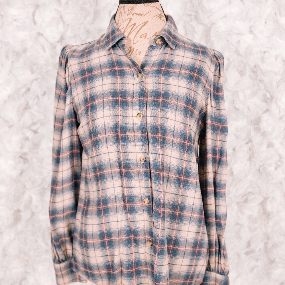 Rails flannel shirt, denim blue and pink plaid,  size medium